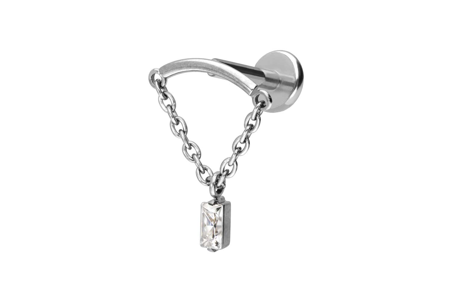 Titan Labret Piercing mit Push Fit BOGEN + KETTE + KRISTALLRECHTECK